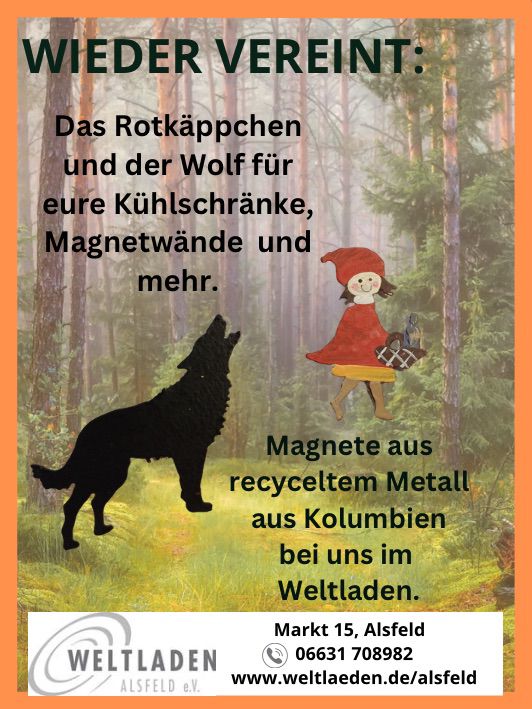 Rotkäppchen und der Wolf sind ab jetzt im Weltladen als Magnete aus recycletem Metall verfügbar.