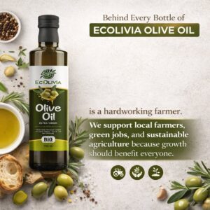 Eine Flasche Ecolivia Bio-Olivenöl umgeben von Oliven, Brot und Rosmarin. Text im Bild: Behind Every Bottle of Ecolivia Olive Oil is a hardworking farmer. We support local farmers, green jobs, and sustainable agriculture because growth should benefit everyone.