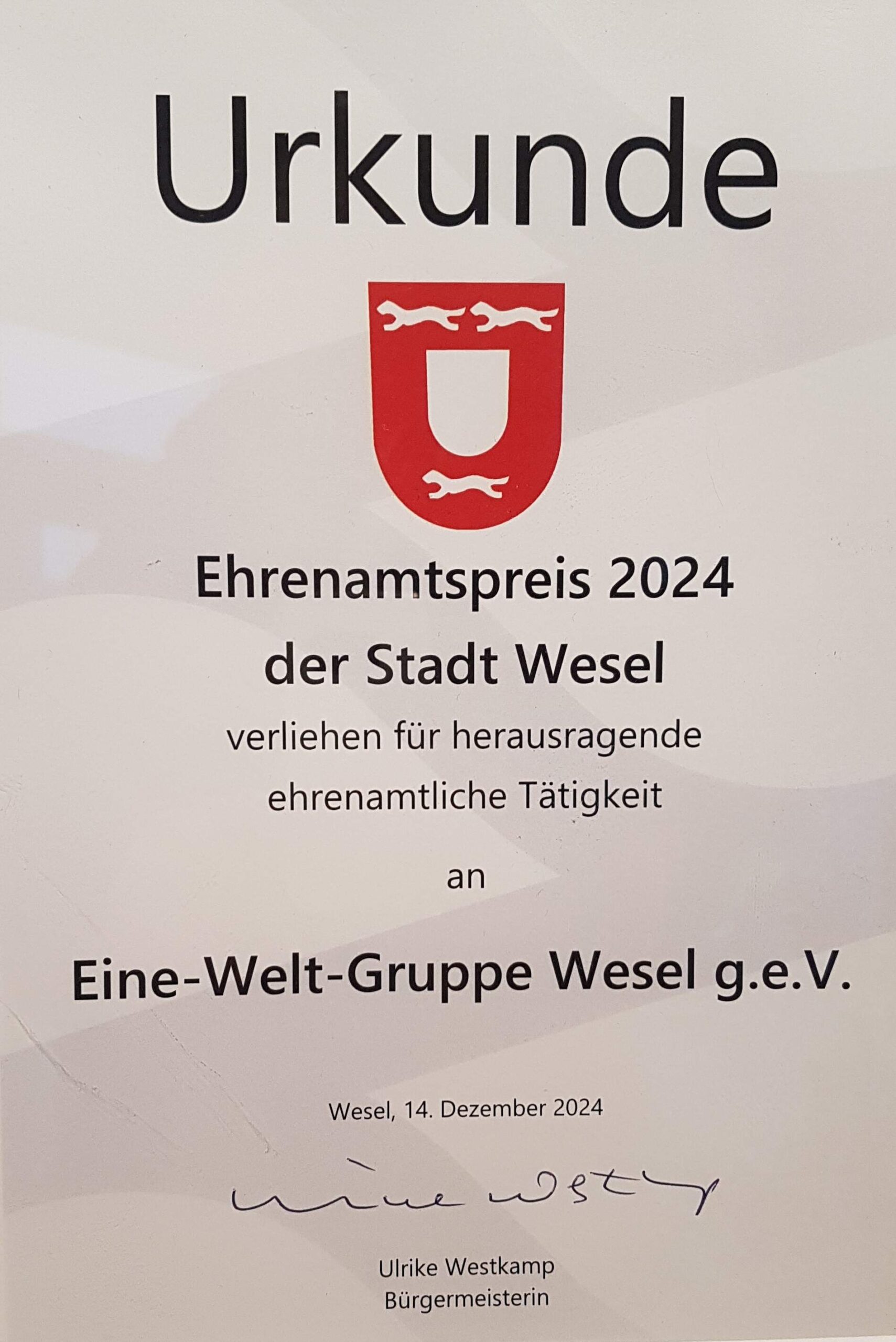 Eine-Welt-Gruppe Wesel g.e.V. hat den Ehrenamtspreis der Stadt Wesel